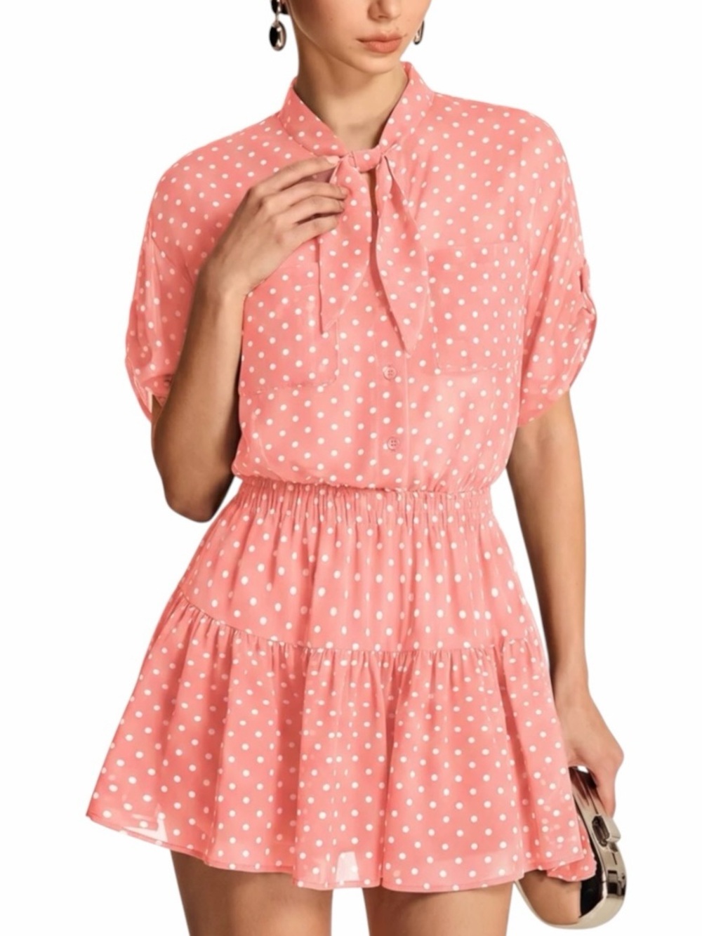 Commense Set Pink White Polka Dot Sheer Blouse Mini Skirt XS NWT